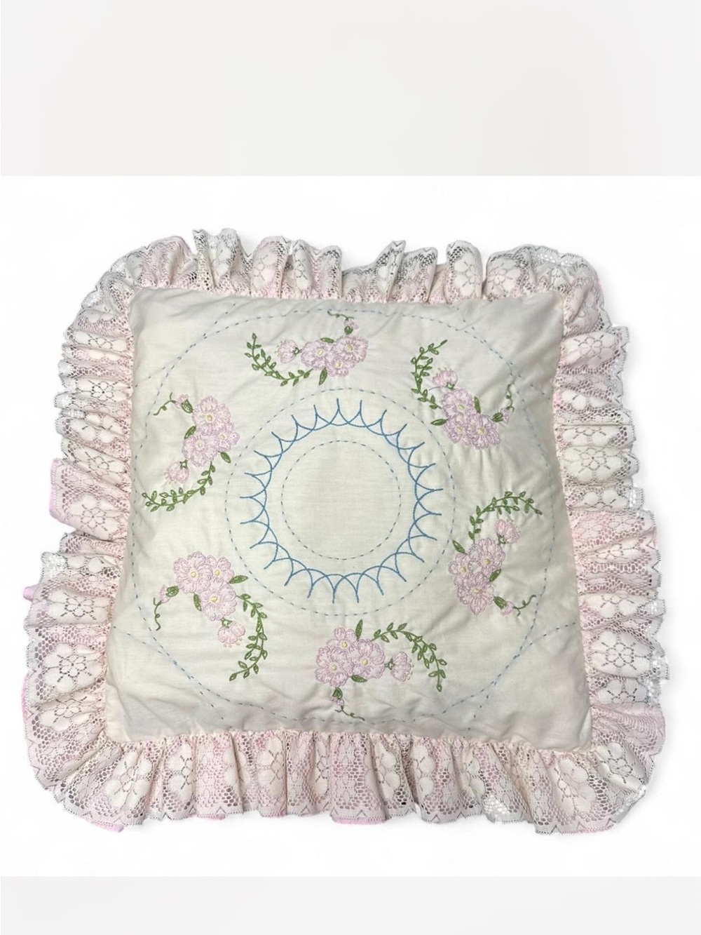 Hand-Embroidered vintage Floral Lace Throw Pillow - Pink & Cream